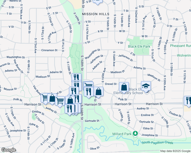 map of restaurants, bars, coffee shops, grocery stores, and more near 16621 Madison Street in Omaha