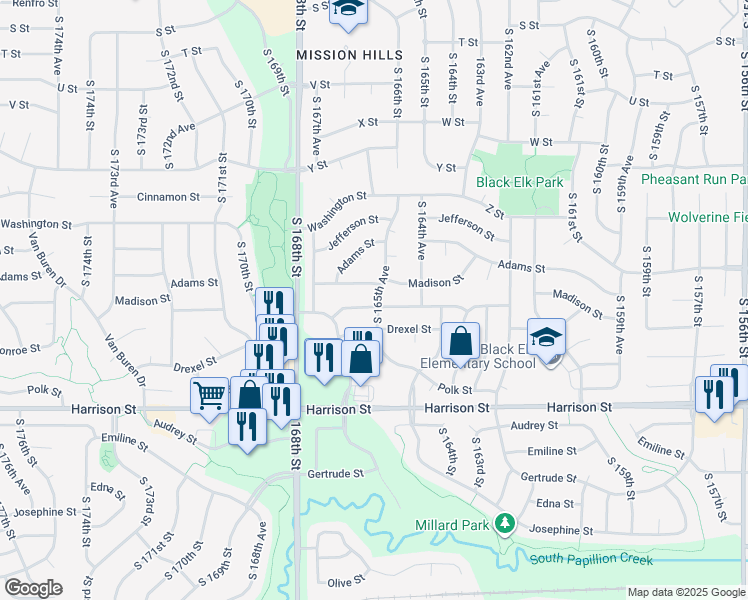 map of restaurants, bars, coffee shops, grocery stores, and more near 16554 Monroe Street in Omaha