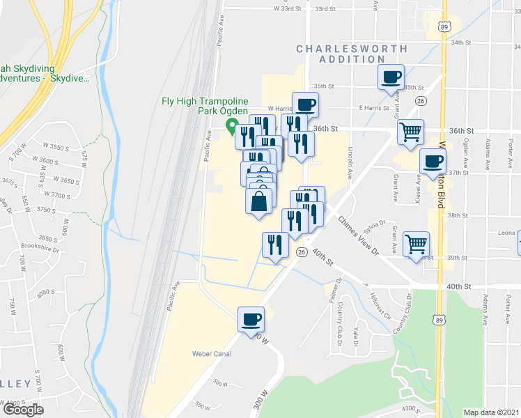 map of restaurants, bars, coffee shops, grocery stores, and more near 4000 Newgate Mall in Ogden