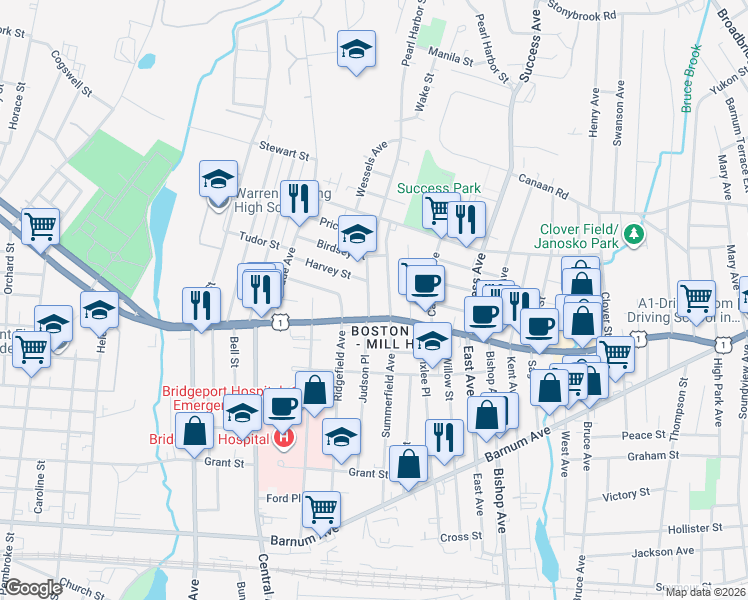 map of restaurants, bars, coffee shops, grocery stores, and more near 60 Boston Terrace in Bridgeport