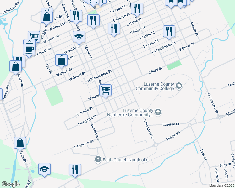 map of restaurants, bars, coffee shops, grocery stores, and more near 1126 South Market Street in Nanticoke