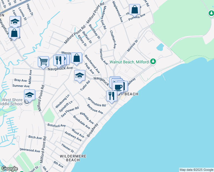map of restaurants, bars, coffee shops, grocery stores, and more near 98 Naugatuck Avenue in Milford