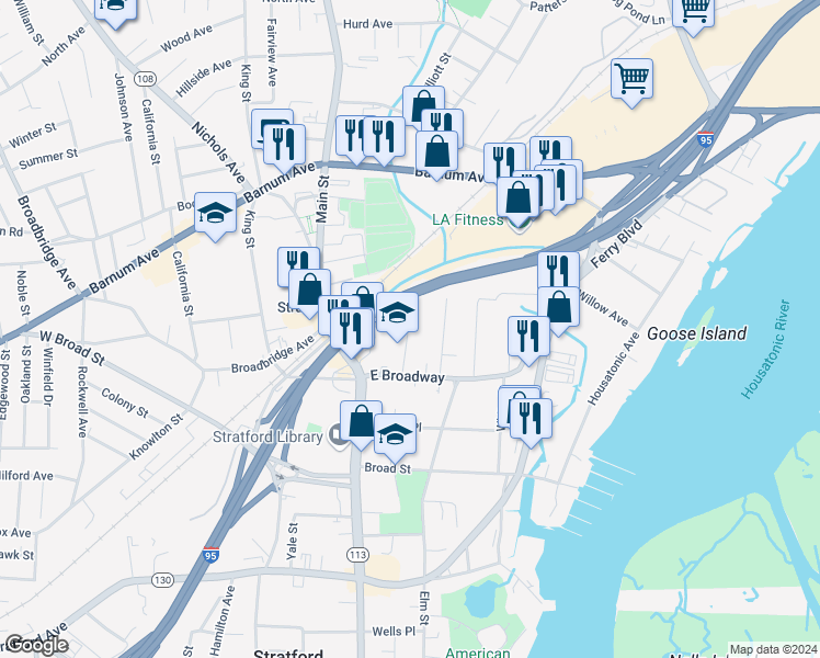 map of restaurants, bars, coffee shops, grocery stores, and more near 118 Sutton Avenue in Stratford