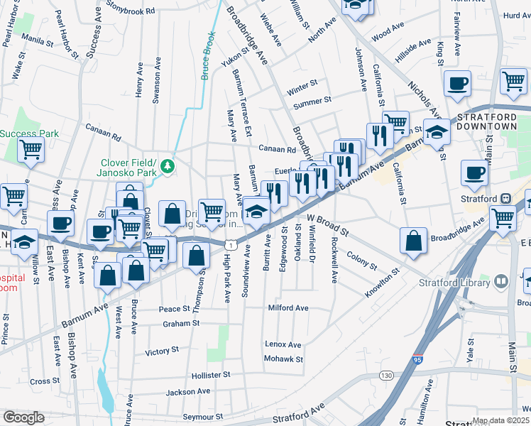 map of restaurants, bars, coffee shops, grocery stores, and more near 73 Barnum Terrace Extension in Stratford