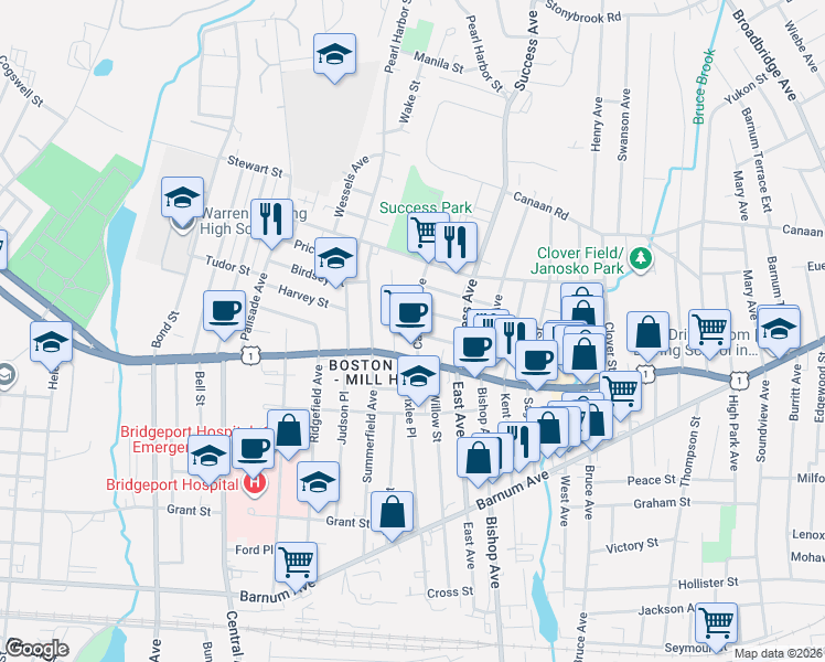 map of restaurants, bars, coffee shops, grocery stores, and more near 30 Gary Street in Bridgeport