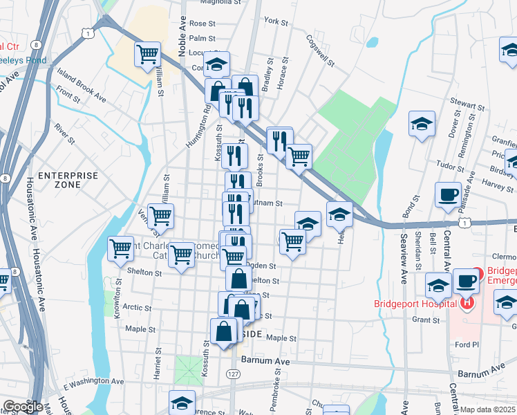 map of restaurants, bars, coffee shops, grocery stores, and more near 622 Brooks Street in Bridgeport