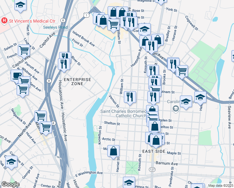 map of restaurants, bars, coffee shops, grocery stores, and more near 744 William Street in Bridgeport