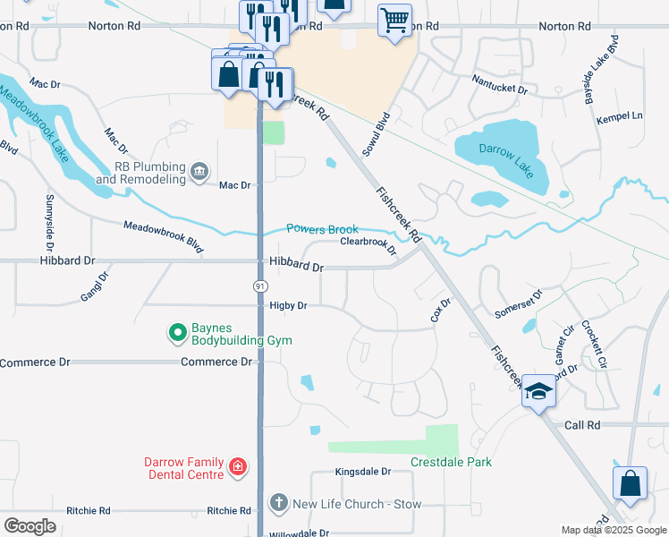 map of restaurants, bars, coffee shops, grocery stores, and more near 1853 Hibbard Drive in Stow