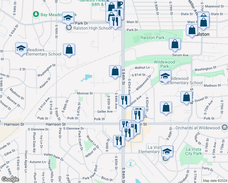 map of restaurants, bars, coffee shops, grocery stores, and more near 8445 Madison Street in Omaha
