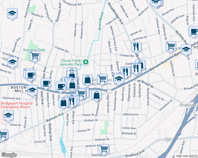 map of restaurants, bars, coffee shops, grocery stores, and more near 89 Franklin Avenue in Bridgeport