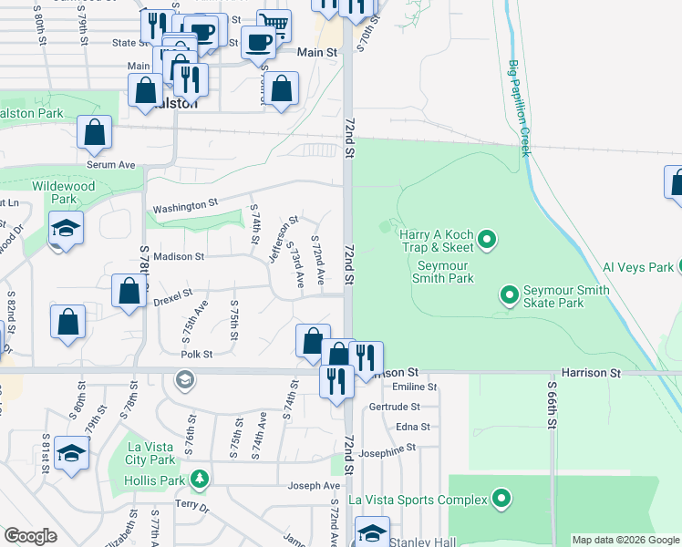 map of restaurants, bars, coffee shops, grocery stores, and more near 7206 Monroe Circle in Ralston