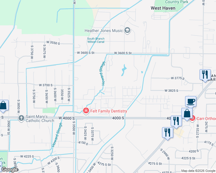 map of restaurants, bars, coffee shops, grocery stores, and more near 3326 West 3715 South in West Haven