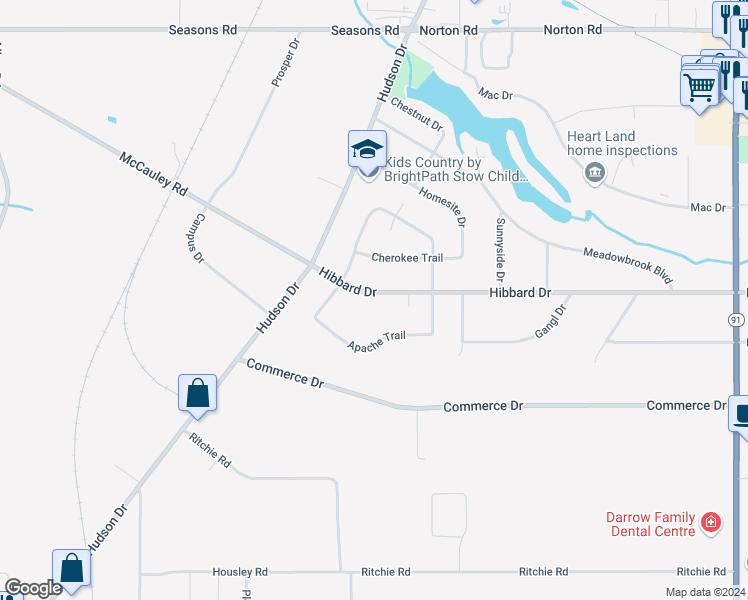 map of restaurants, bars, coffee shops, grocery stores, and more near 1340 Hibbard Drive in Stow