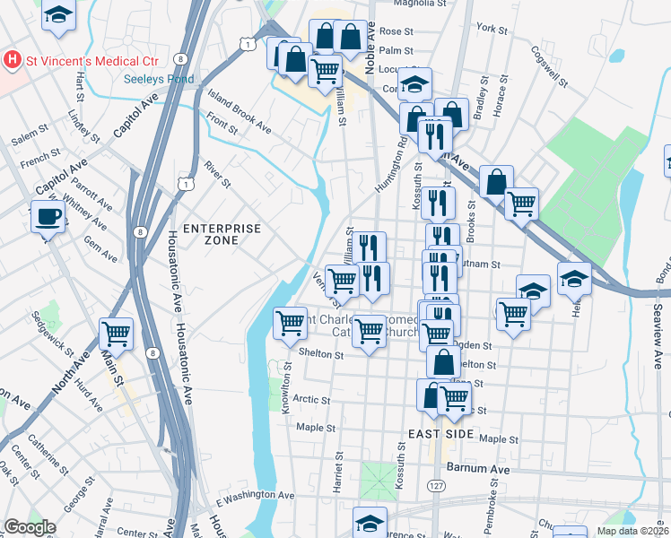 map of restaurants, bars, coffee shops, grocery stores, and more near 744 William Street in Bridgeport