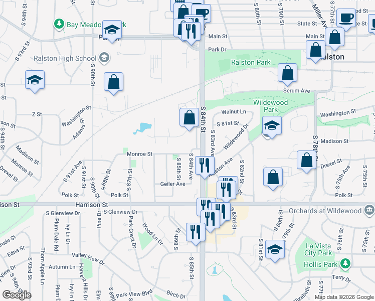 map of restaurants, bars, coffee shops, grocery stores, and more near 8445 Madison Street in Omaha