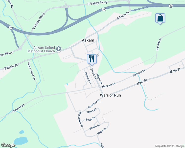 map of restaurants, bars, coffee shops, grocery stores, and more near 561 Front Street in Warrior Run