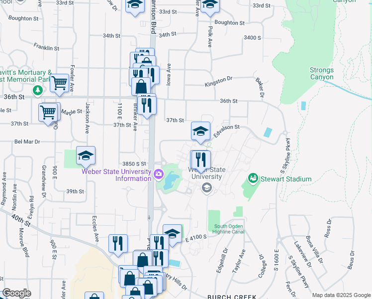 map of restaurants, bars, coffee shops, grocery stores, and more near 1299 Edvalson Street in Ogden