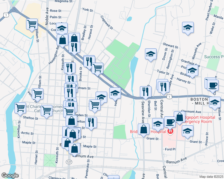 map of restaurants, bars, coffee shops, grocery stores, and more near 1022 Boston Avenue in Bridgeport