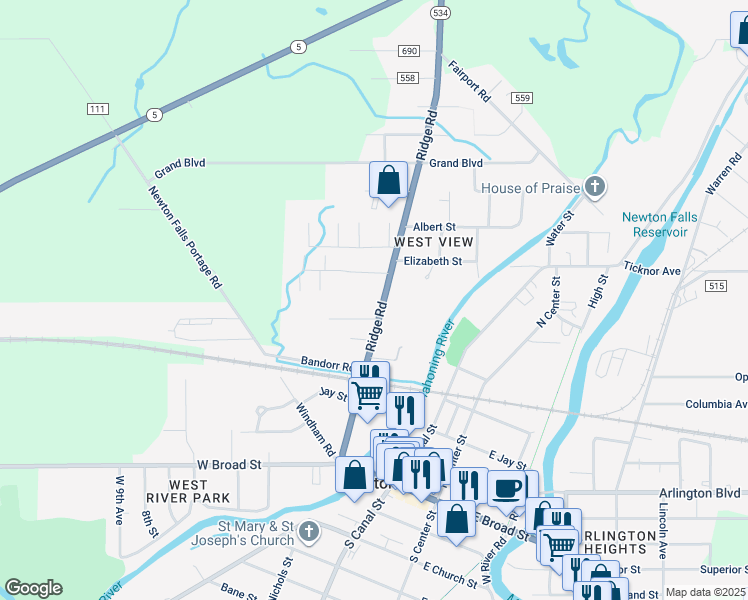 map of restaurants, bars, coffee shops, grocery stores, and more near 369 Ridge Road in Newton Falls