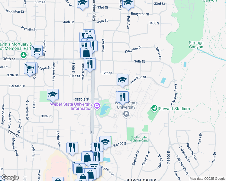 map of restaurants, bars, coffee shops, grocery stores, and more near 1299 Edvalson Street in Ogden