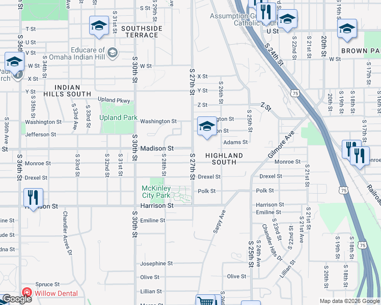 map of restaurants, bars, coffee shops, grocery stores, and more near 2713 Madison Street in Omaha