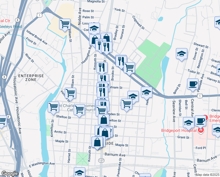 map of restaurants, bars, coffee shops, grocery stores, and more near 622 Brooks Street in Bridgeport