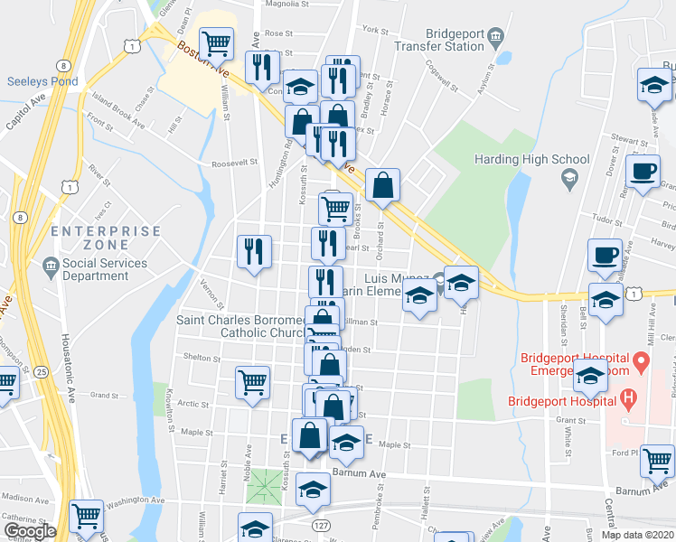 map of restaurants, bars, coffee shops, grocery stores, and more near 308 Putnam Street in Bridgeport