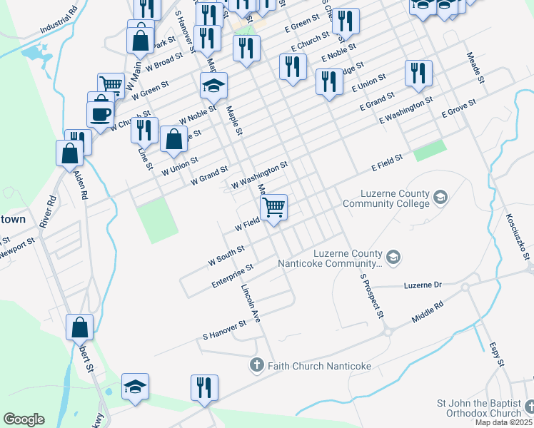 map of restaurants, bars, coffee shops, grocery stores, and more near 1002-1024 South Hanover Street in Nanticoke
