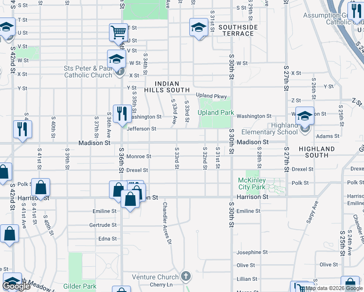 map of restaurants, bars, coffee shops, grocery stores, and more near 3261 Madison Street in Omaha