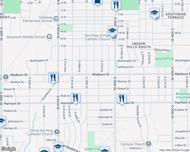 map of restaurants, bars, coffee shops, grocery stores, and more near 3804 Madison Street in Omaha