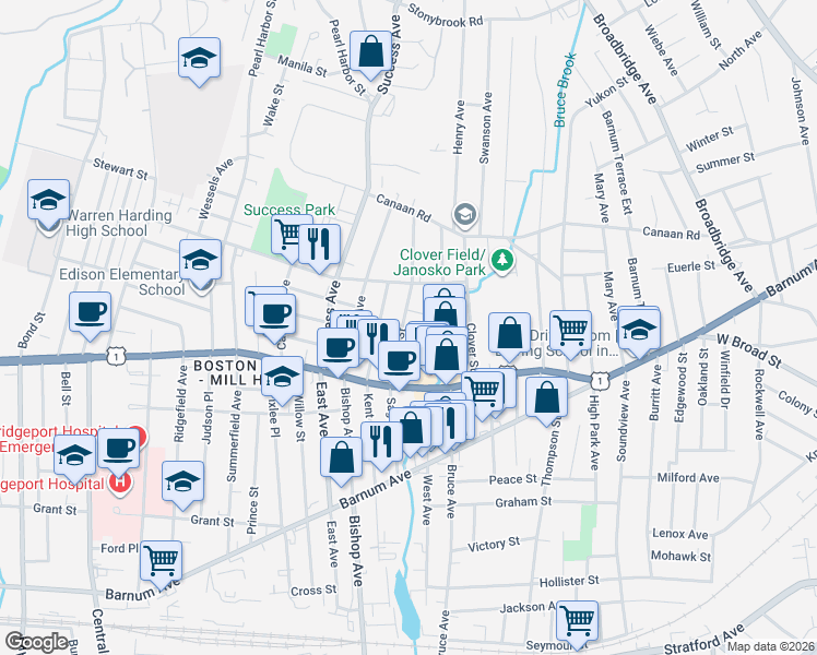 map of restaurants, bars, coffee shops, grocery stores, and more near 122 Weber Street in Bridgeport