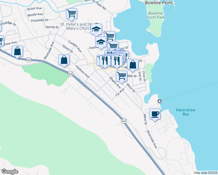 map of restaurants, bars, coffee shops, grocery stores, and more near 77 Clove Avenue in Haverstraw