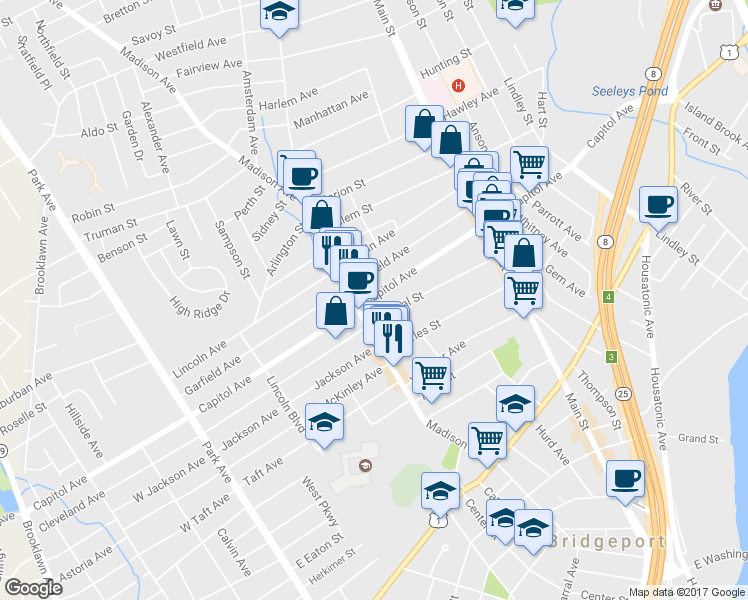 map of restaurants, bars, coffee shops, grocery stores, and more near 815 Capitol Avenue in Bridgeport