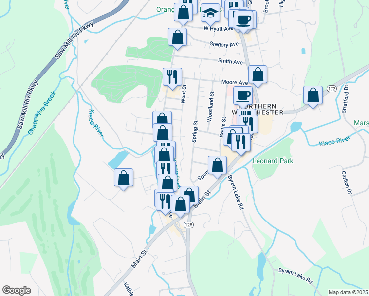 map of restaurants, bars, coffee shops, grocery stores, and more near 261 West Street in Mount Kisco