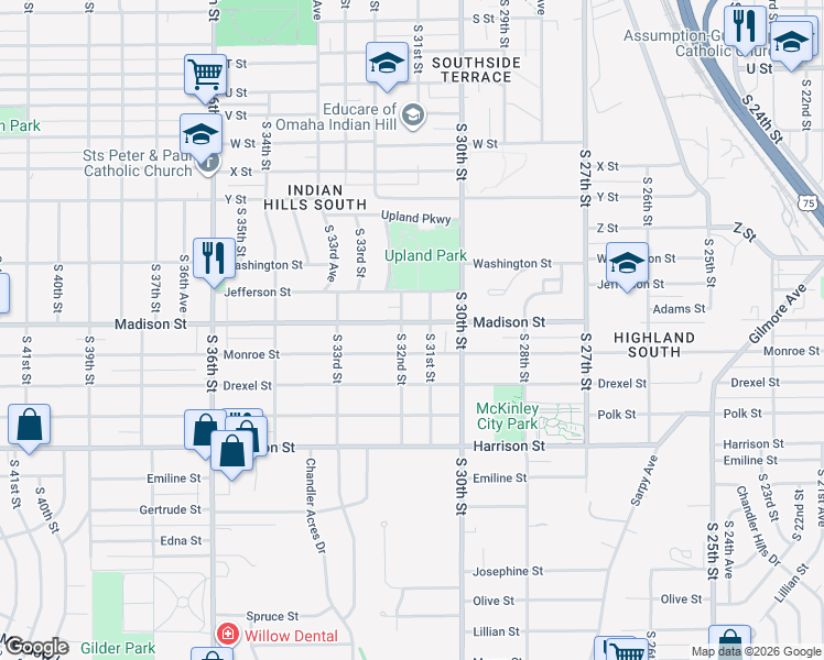 map of restaurants, bars, coffee shops, grocery stores, and more near 3115 Madison Street in Omaha