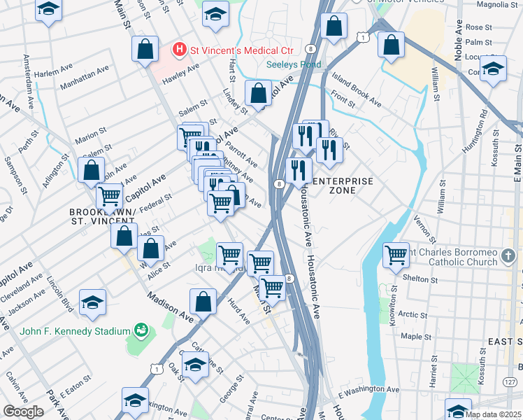 map of restaurants, bars, coffee shops, grocery stores, and more near 732 North Avenue in Bridgeport