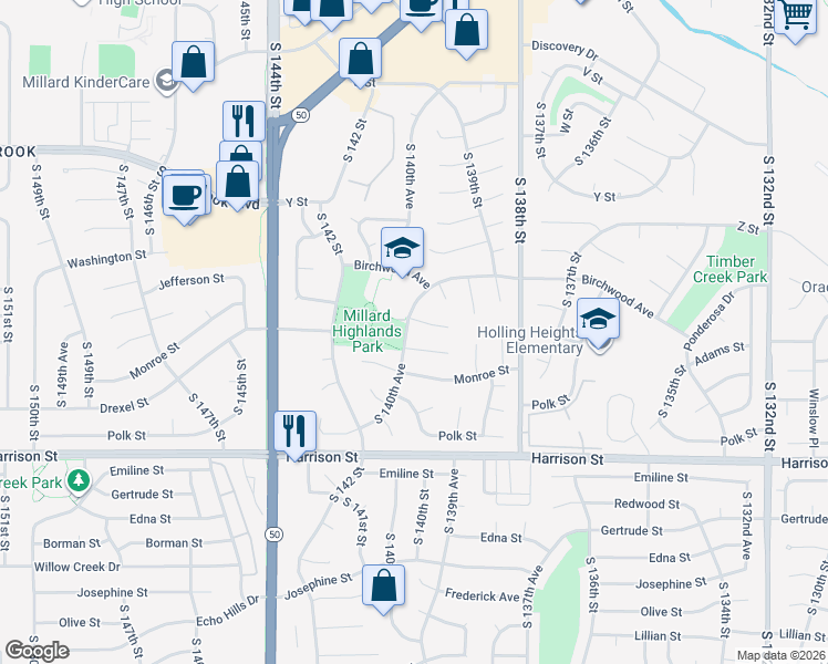 map of restaurants, bars, coffee shops, grocery stores, and more near 6411 South 140th Avenue in Omaha