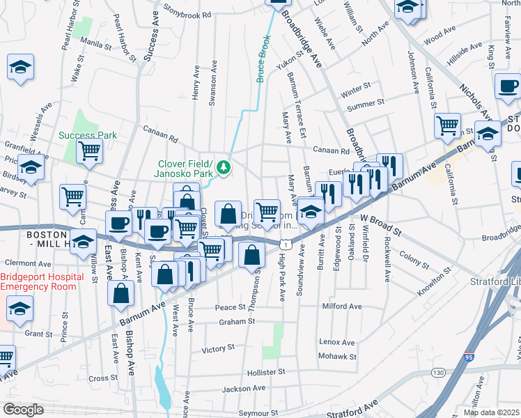 map of restaurants, bars, coffee shops, grocery stores, and more near 89 Franklin Avenue in Bridgeport