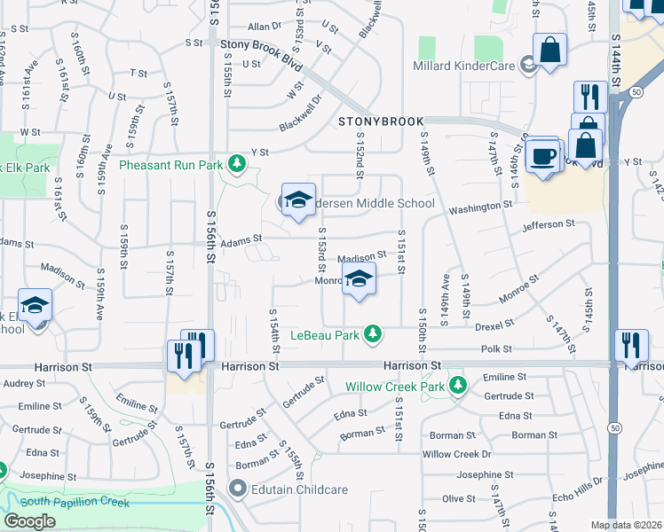 map of restaurants, bars, coffee shops, grocery stores, and more near 6506 South 153rd Street in Omaha