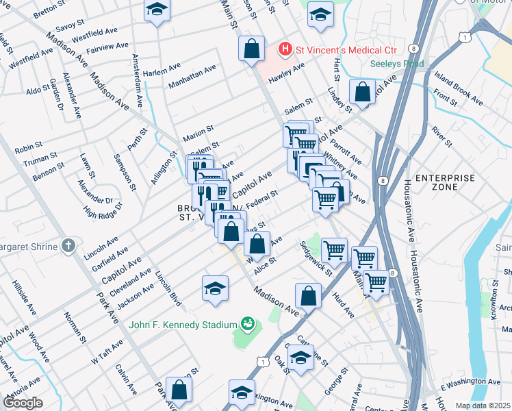 map of restaurants, bars, coffee shops, grocery stores, and more near 199 Federal Street in Bridgeport