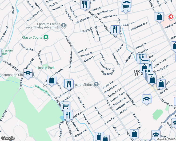 map of restaurants, bars, coffee shops, grocery stores, and more near Park Avenue in Bridgeport