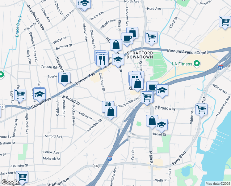 map of restaurants, bars, coffee shops, grocery stores, and more near 77 Catherine Street in Stratford