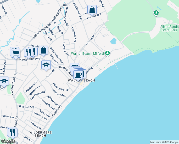 map of restaurants, bars, coffee shops, grocery stores, and more near 77 East Broadway in Milford