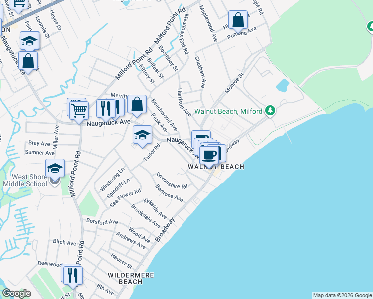 map of restaurants, bars, coffee shops, grocery stores, and more near 98 Naugatuck Avenue in Milford