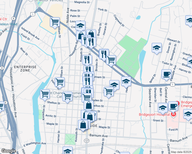 map of restaurants, bars, coffee shops, grocery stores, and more near 622 Brooks Street in Bridgeport
