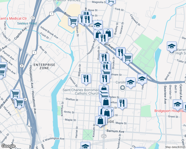 map of restaurants, bars, coffee shops, grocery stores, and more near 1168 Kossuth Street in Bridgeport
