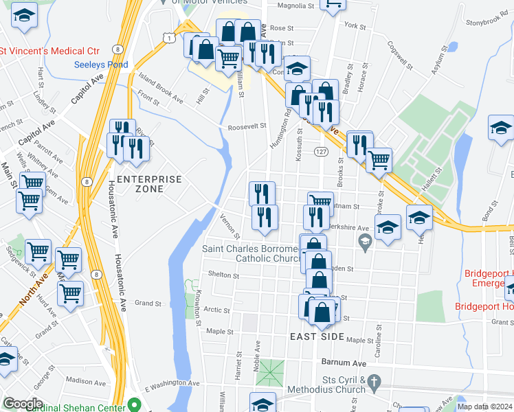 map of restaurants, bars, coffee shops, grocery stores, and more near 744 William Street in Bridgeport