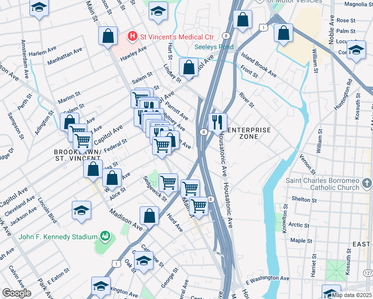 map of restaurants, bars, coffee shops, grocery stores, and more near 95 Gem Avenue in Bridgeport