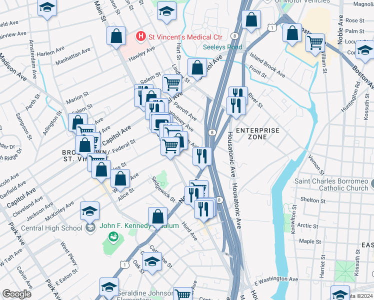 map of restaurants, bars, coffee shops, grocery stores, and more near 95 Gem Avenue in Bridgeport