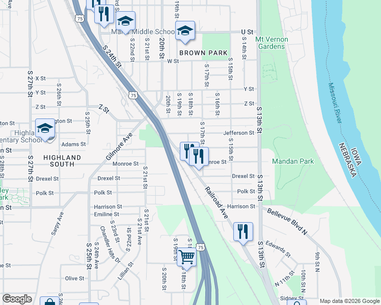 map of restaurants, bars, coffee shops, grocery stores, and more near 1809 Madison Street in Omaha